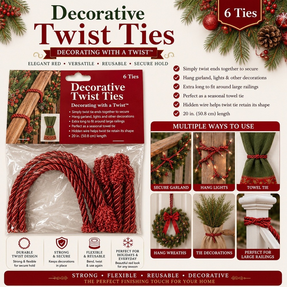 Decorating with a Twist 6 Pack‎ Red Decorative Twist Ties 20 Inch Garland Ties